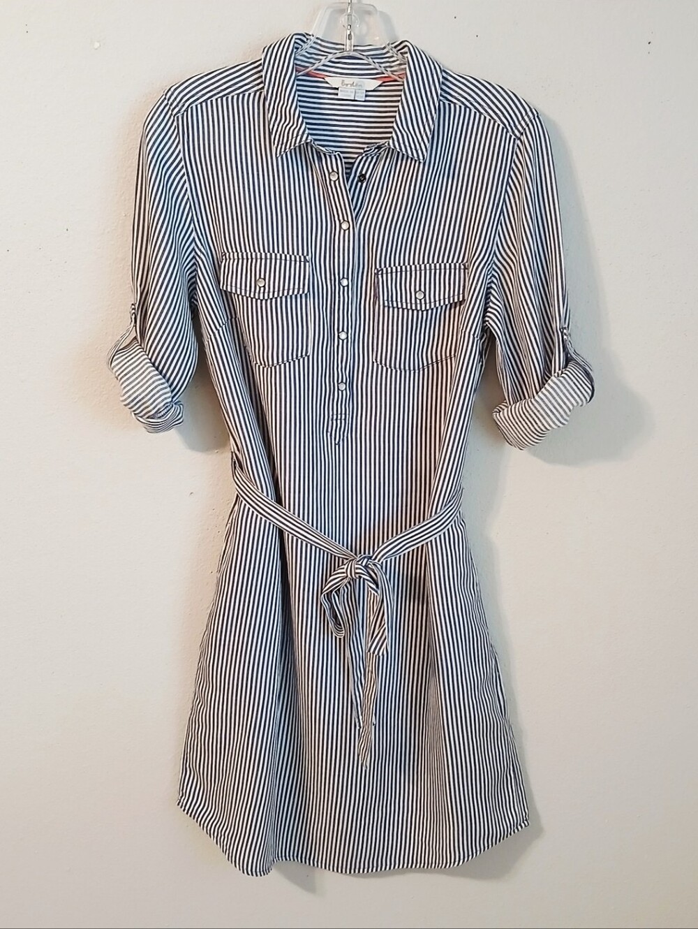 Boden Blue Stripe Shirt Dress Size 6R Linen Tencel Blend Pearl Snap